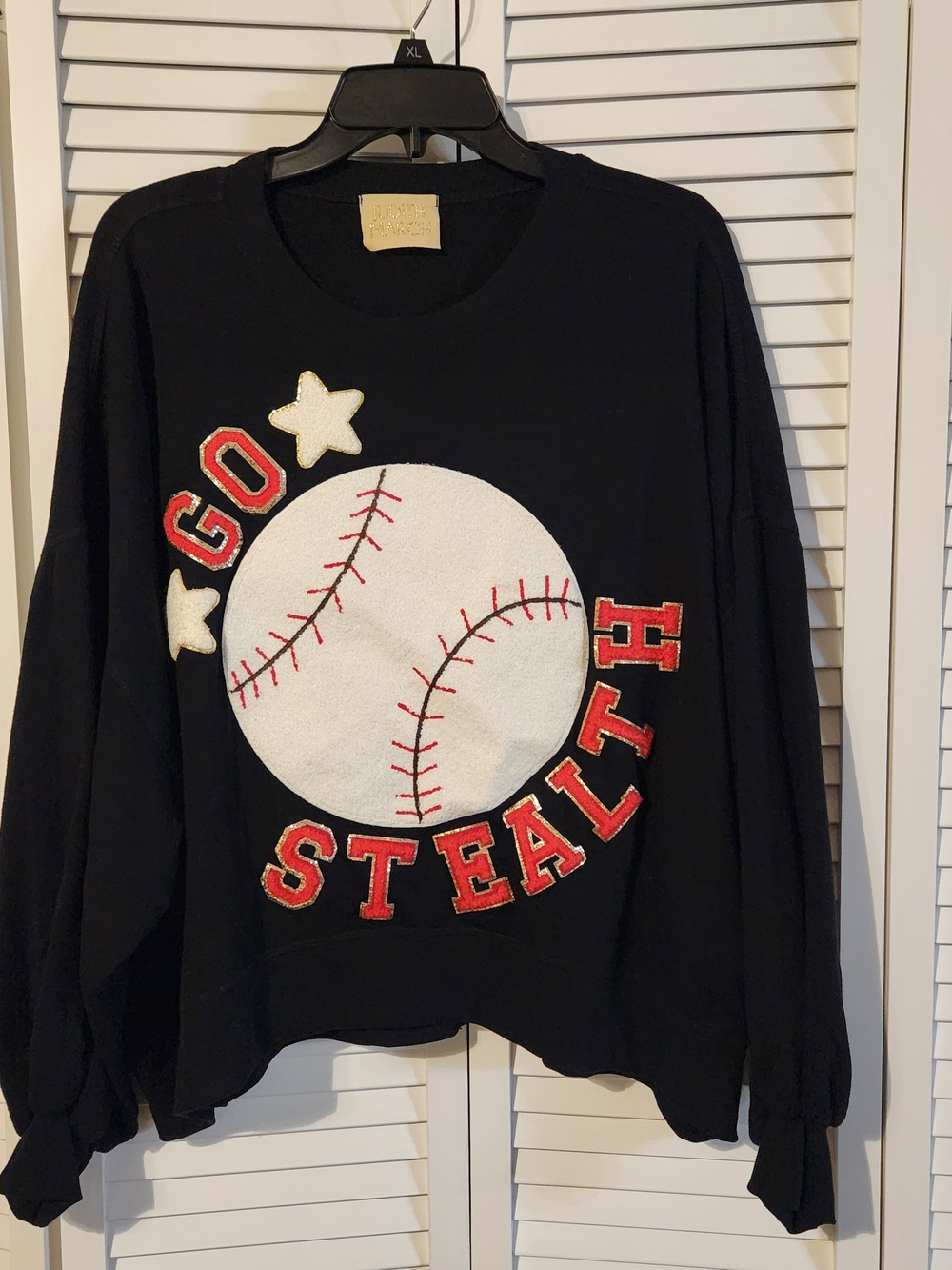 Judith March Black Sweatshirt with White Baseball Appliqué and Red Lettering